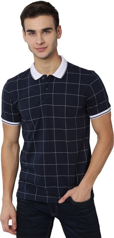 Men Checkered Polo Neck Cotton Blend Dark Blue T-Shirt