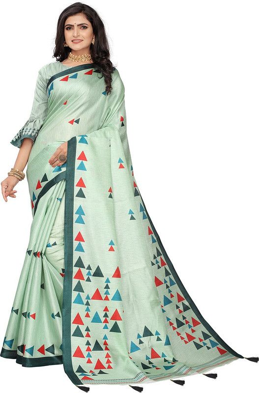 Printed, Self Design, Paisley, Embellished, Floral Print Daily Wear Cotton Blend Saree  (Light Green)