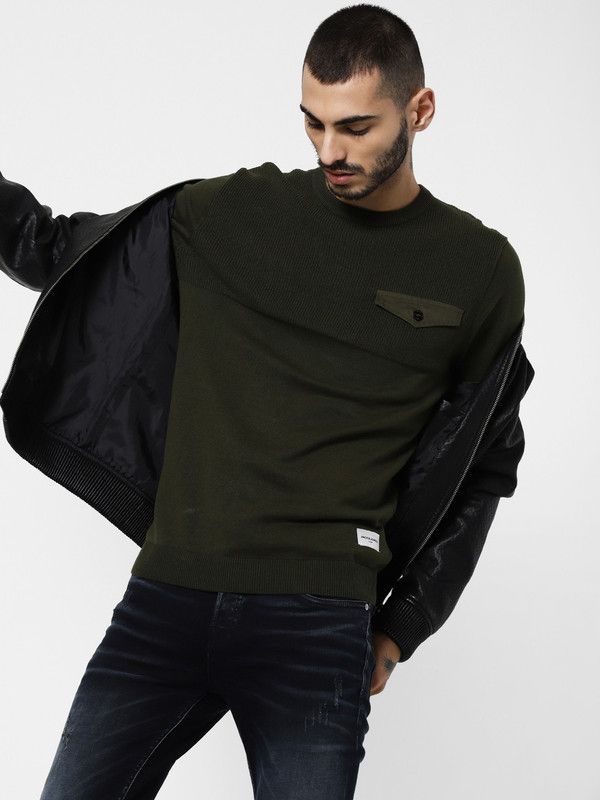 Men Embroidered Round Neck Green Sweater