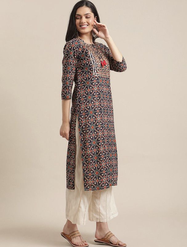 Women Printed Viscose Rayon Straight Kurta  (Black, Red, Gold)