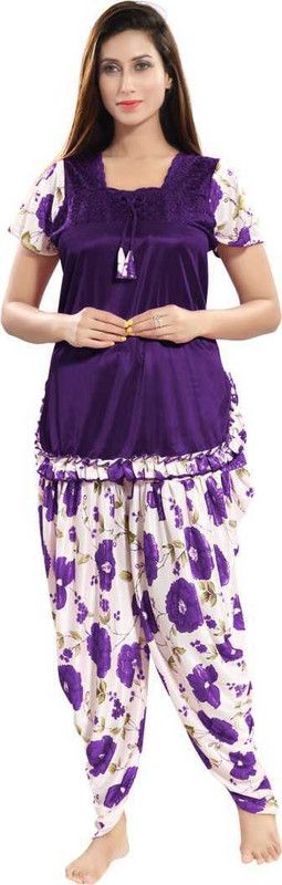 Women Night Suit Set Purple Printed