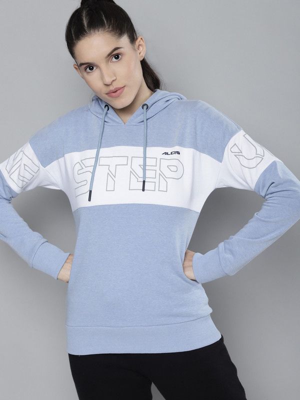 Women Full Sleeve Graphic Print, Color Block Hooded Sweatshirt