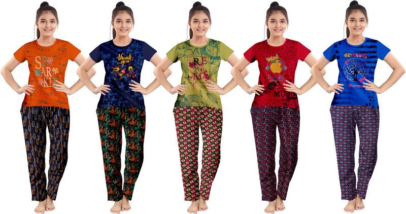 Girls Top & Pyjama Set Multicolor Printed