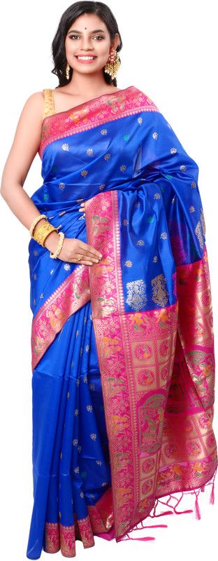 Self Design Madhubani Cotton Silk Saree  (Dark Blue)
