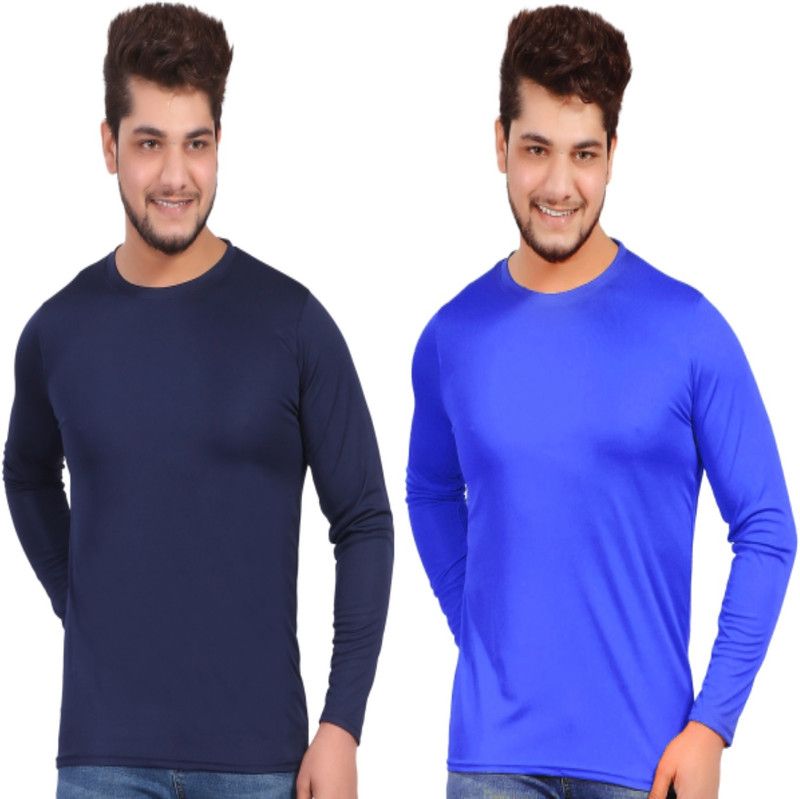 Pack of 2 Men Solid Round Neck Polyester Dark Blue, Blue T-Shirt
