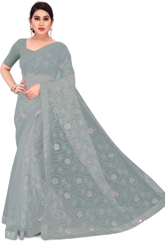 Embroidered Bollywood Net Saree  (Silver)