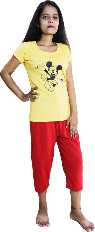 Women Top & Capri Set Yellow Printed