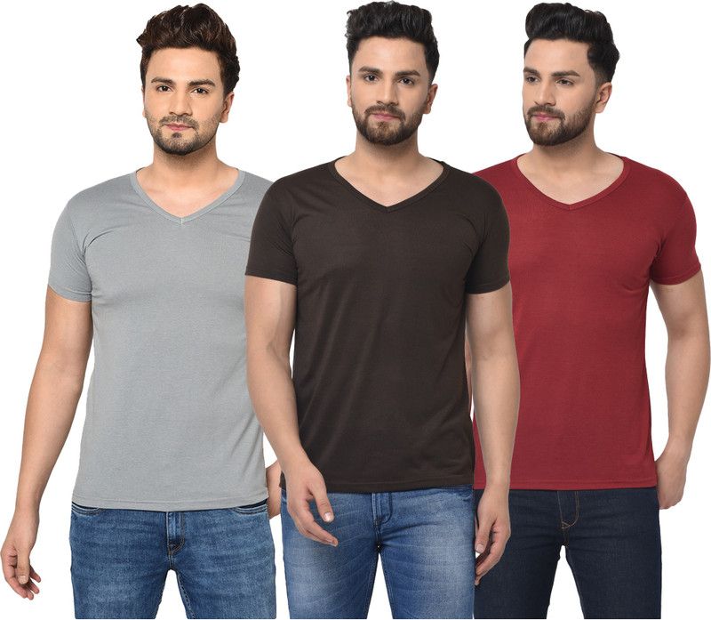 Pack of 3 Men Solid V Neck Cotton Blend Brown, Maroon, Grey T-Shirt