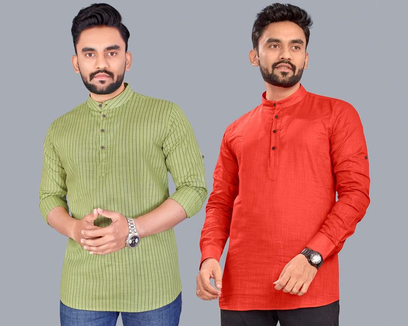 Pack of 2 Men Striped Pure Cotton Straight Kurta  (Green, Red)