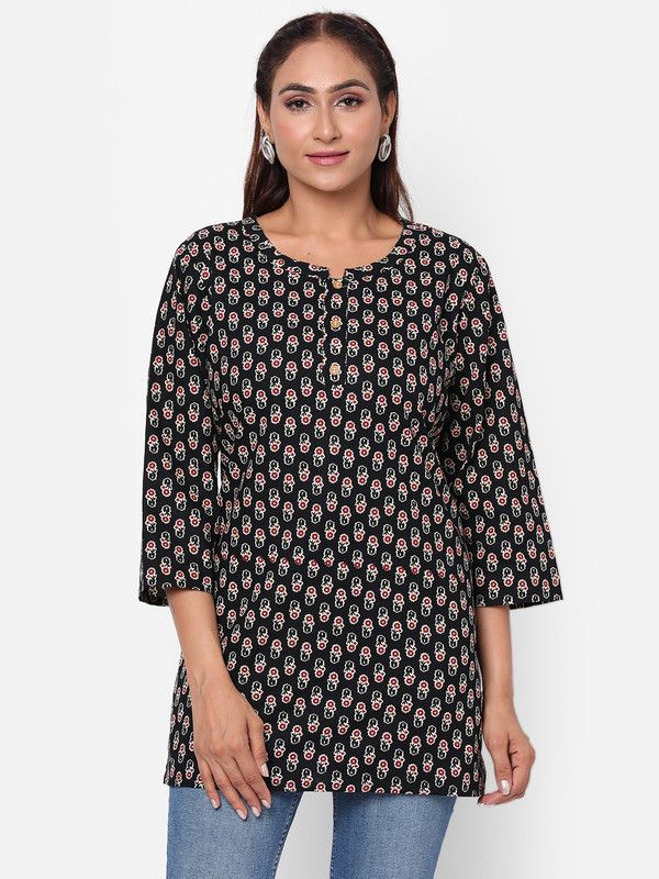 Women Printed Pure Cotton Cape Top Kurta  (Black)