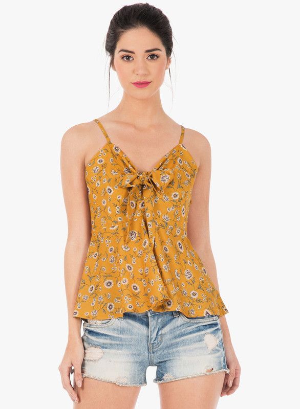 Casual Shoulder Straps Floral Print Women Yellow Top