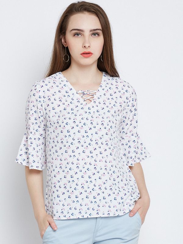 Casual Bell Sleeves Floral Print Women White, Blue, Pink Top