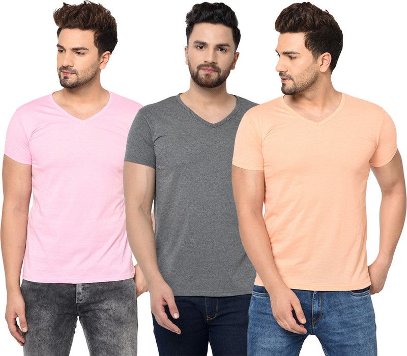 Pack of 3 V neck Combo T-shirts Multicolor Men Solid V Neck Cotton Blend Pink, Beige, Grey T-Shirt