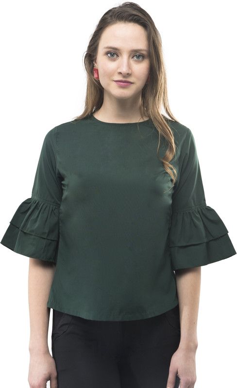 Party Bell Sleeves Solid Women Dark Green Top