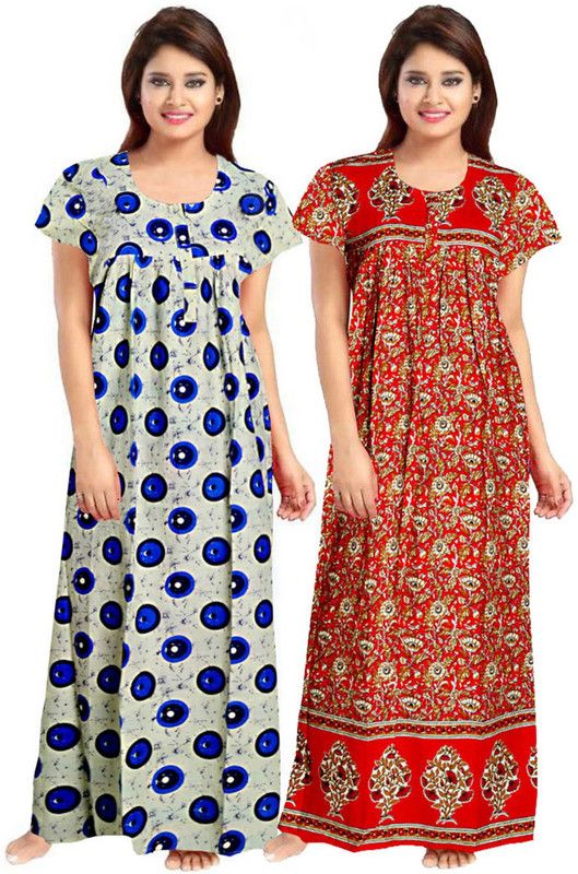 Women Night Dress  (Light Blue, Red)