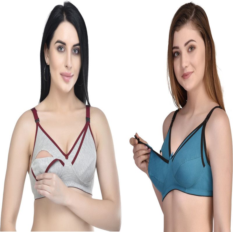 Pack of 2 Women Maternity/Nursing Non Padded Bra  (Maroon, Green)