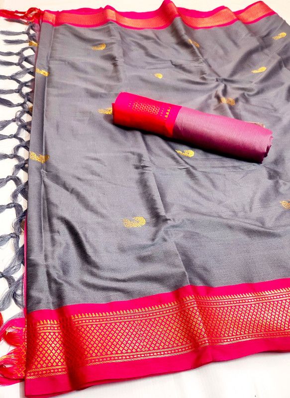Woven Paithani Cotton Silk Saree  (Silver, Pink)