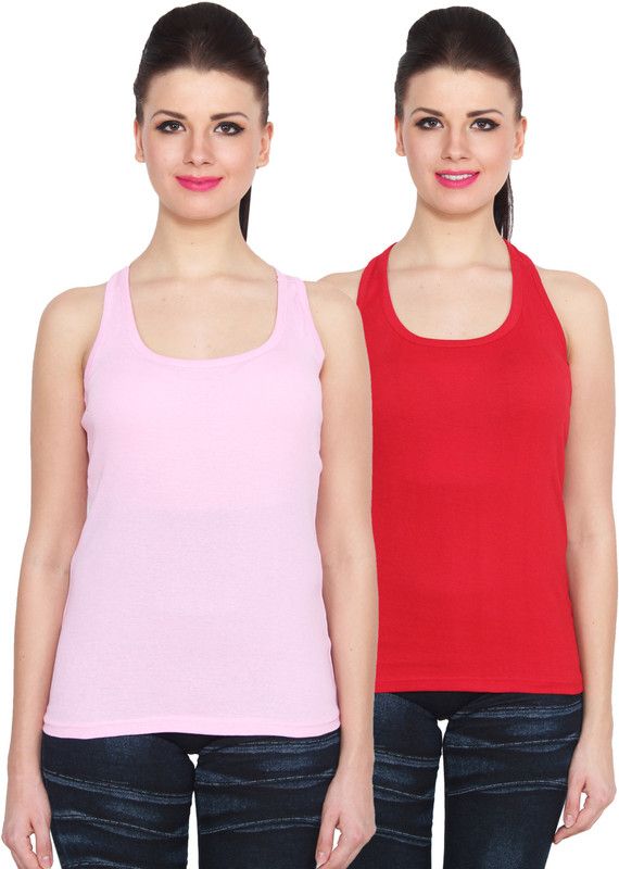 Pack of 2 Sports Sleeveless Solid Women Red, Pink Top