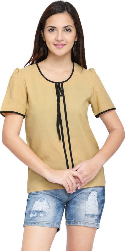 Party Puff Sleeves Solid Women Beige Top
