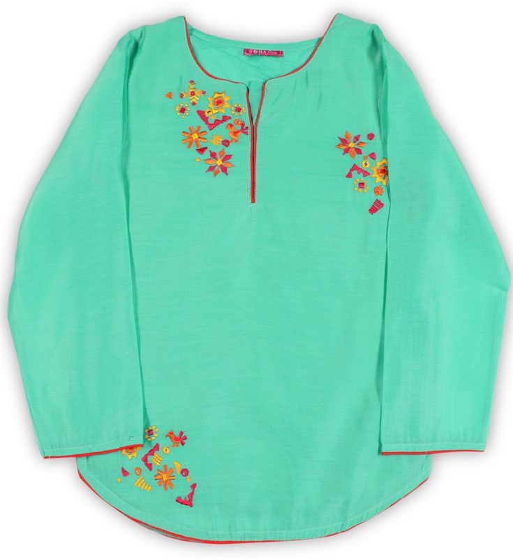 Girls Embroidered Cotton Blend Straight Kurta  (Blue)