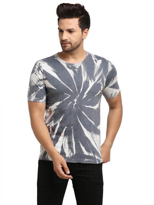 Men Tie & Dye Round Neck Pure Cotton Grey T-Shirt