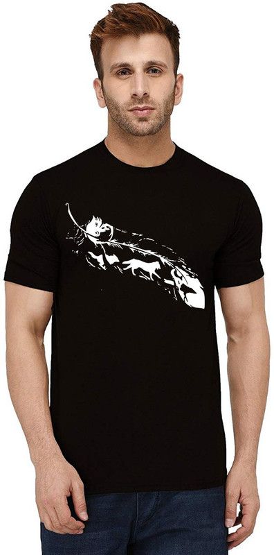 Feather Wolf Men Graphic Print Round Neck Pure Cotton Black T-Shirt