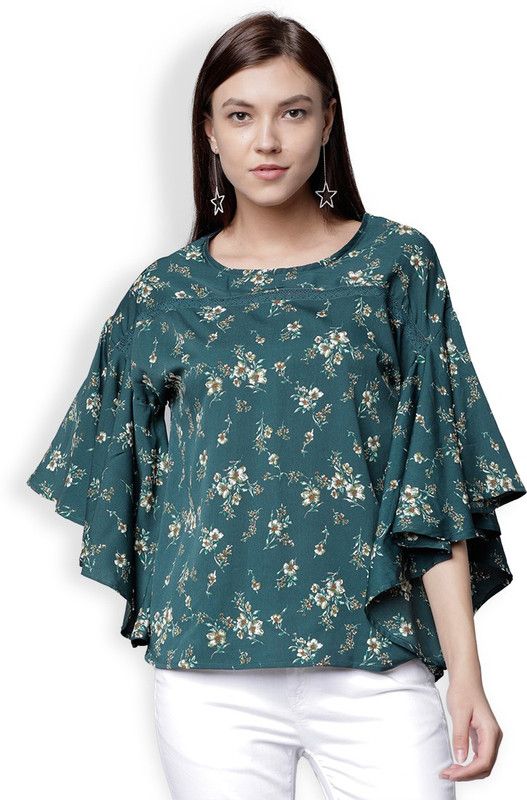Casual Flared Sleeves Floral Print Women Dark Green Top
