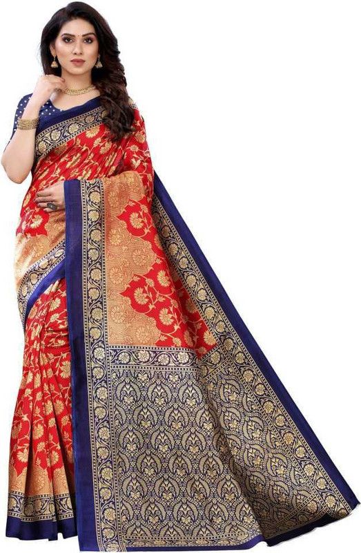 Printed Mysore Cotton Silk Saree  (Red, Blue)