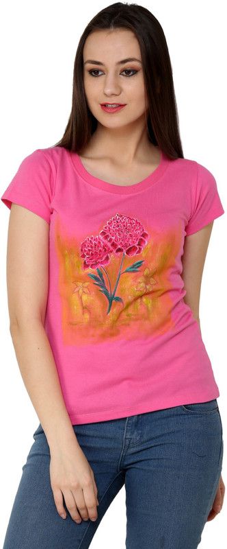 Floral Women Printed Round Neck Cotton Blend Pink T-Shirt