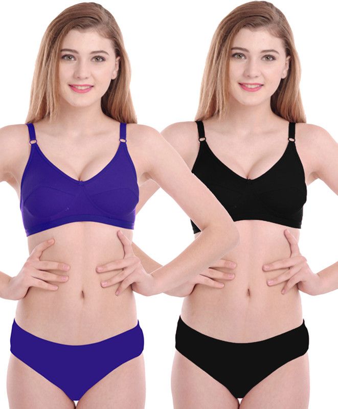 Bra & Panty Set Solid Blue, Black Lingerie Set