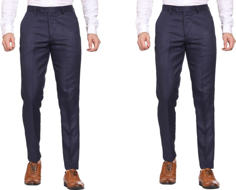 Pack of 2 Men Slim Fit Dark Blue Viscose Rayon Trousers
