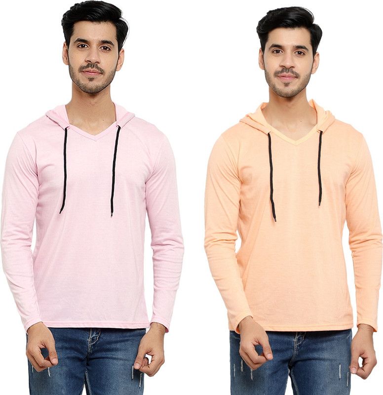 Pack of 2 HMT Men Solid Hooded Neck Cotton Blend Pink, Beige T-Shirt
