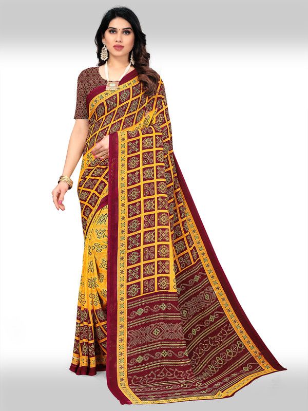 Printed Bandhani Viscose Rayon Saree  (Maroon, Yellow)