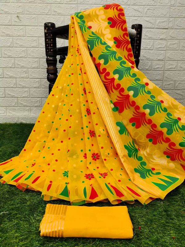 Woven, Solid Jamdani Cotton Silk Saree  (Yellow)