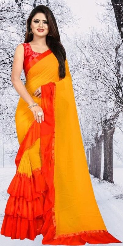 Self Design Bhagalpuri Georgette Saree  (Yellow, Red)