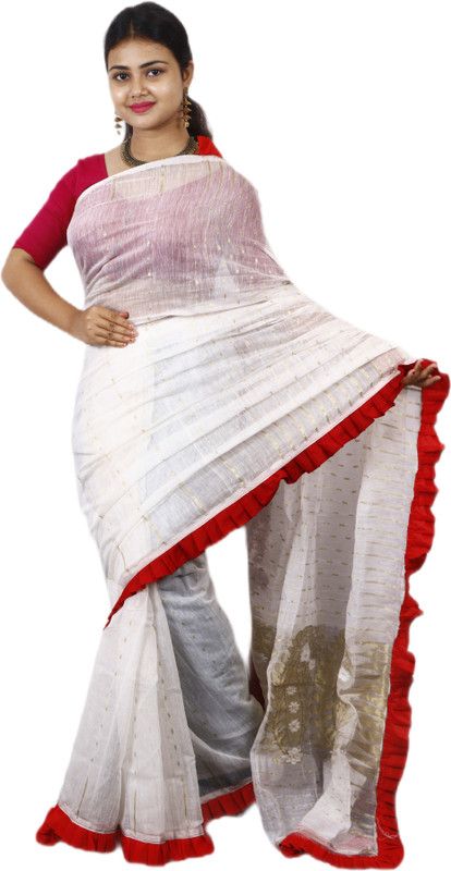 Jamdani Cotton Silk Saree  (White)