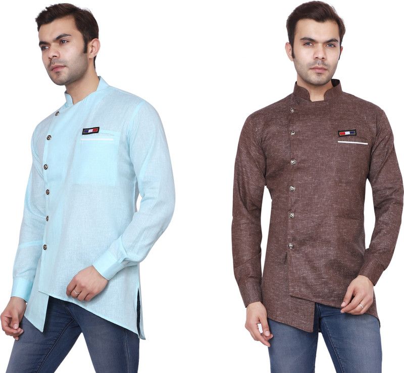 Pack of 2 Men Solid Cotton Blend Asymmetric Kurta  (Light Blue, Brown)