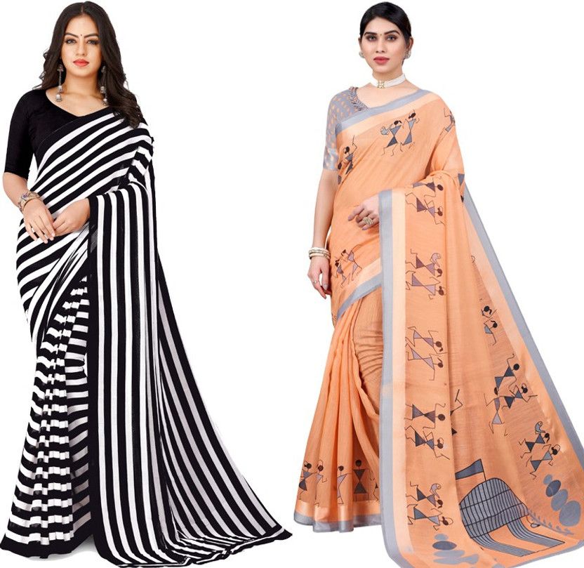 Printed Daily Wear Georgette, Art Silk Saree  (Pack of 2, Black, Orange)