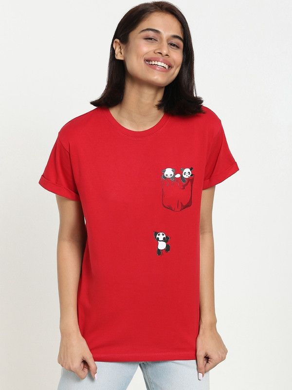 Bewakoof Climbing pocket panda Women Printed Round Neck Pure Cotton Red T-Shirt