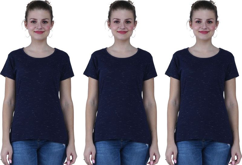 Pack of 3 Women Self Design Round Neck Cotton Blend Dark Blue T-Shirt