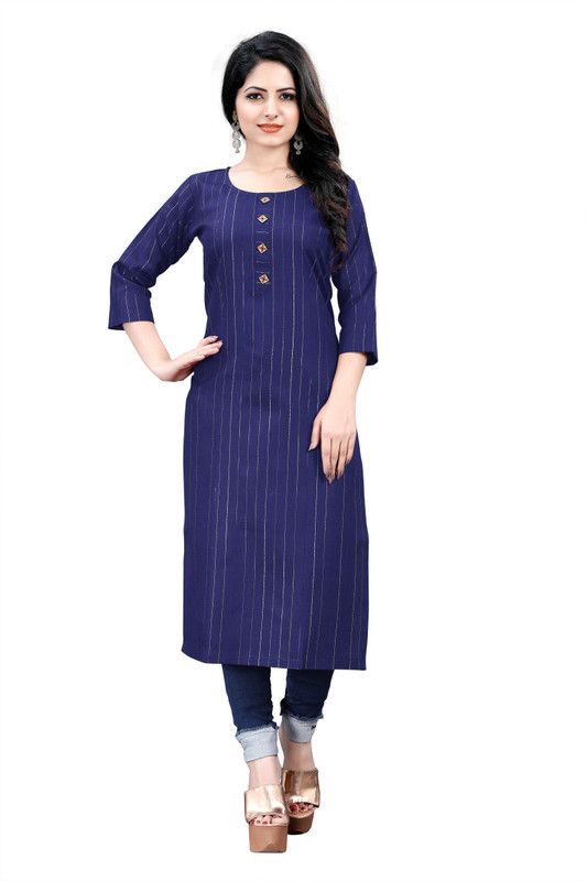 Women Striped Cotton Blend Flared Kurta  (Blue)