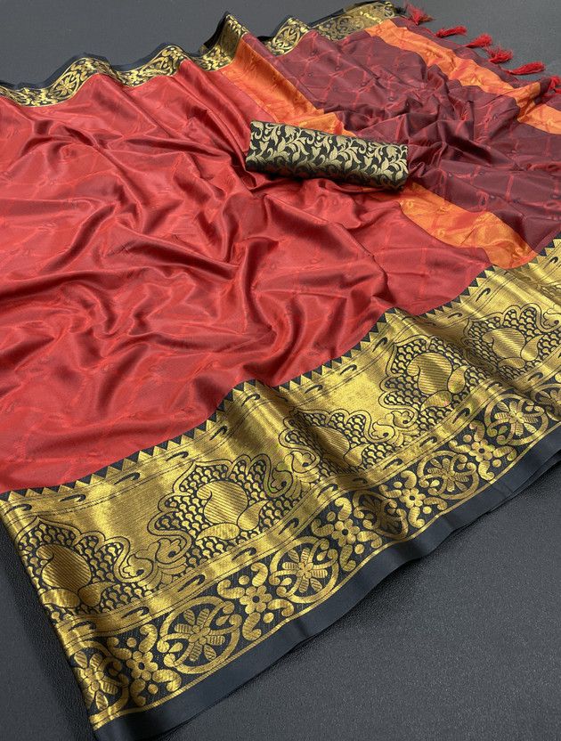 Self Design, Temple Border, Woven, Applique Banarasi Silk Blend, Cotton Linen Saree  (Multicolor)