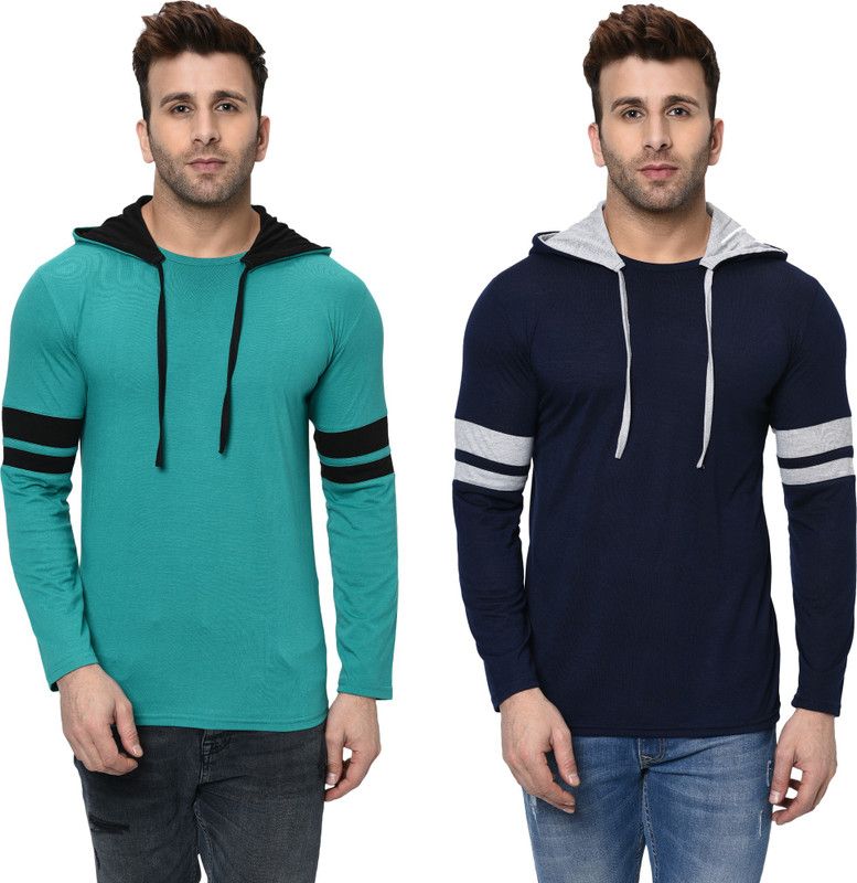 Pack of 2 FZN Men Solid Hooded Neck Cotton Blend Dark Blue, Light Green T-Shirt
