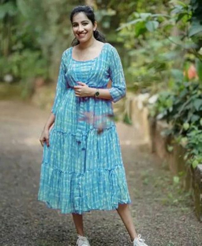 Printed Georgette Stitched Anarkali Gown  (Light Blue)