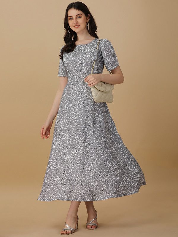 Printed Crepe Stitched Flared/A-line Gown  (Grey, White)