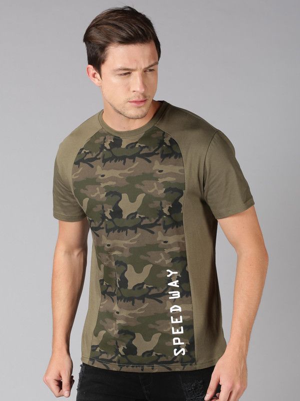 Men Military Camouflage Round Neck Pure Cotton Green T-Shirt