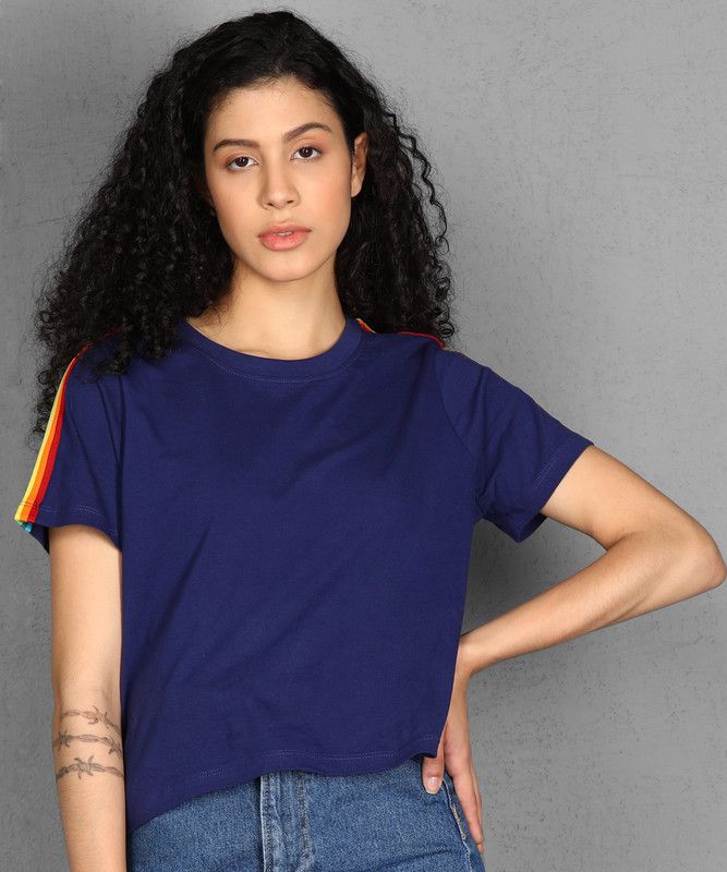 Solid Women Round Neck Cotton Blend Dark Blue T-Shirt