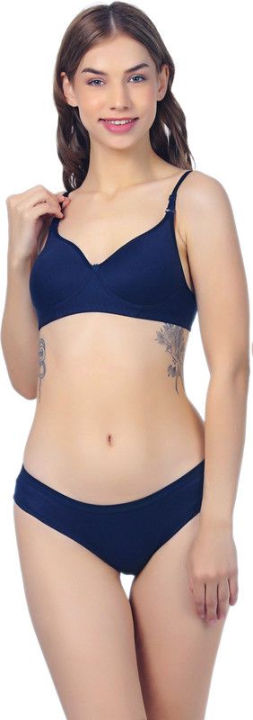 Bra & Panty Set Solid Dark Blue, Pink Lingerie Set