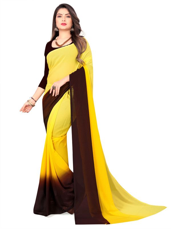Ombre, Striped, Dyed Bollywood Georgette Saree  (Yellow, Brown)