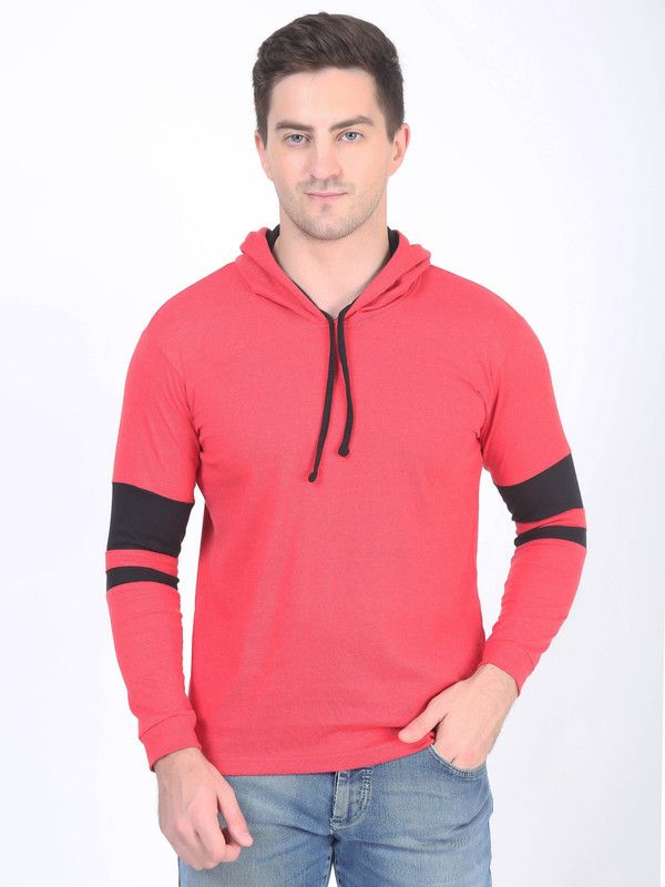 Men Striped Hooded Neck Cotton Blend Red T-Shirt